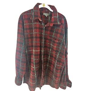 Van Heusen Men's Red/Black/Gray Plaid Fleece Button-Up Shirt M Pockets